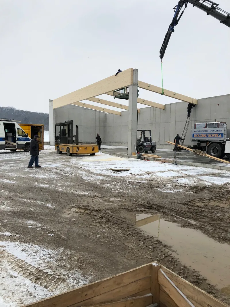Autokran hebt einen Holzträger auf eine Betonhalle